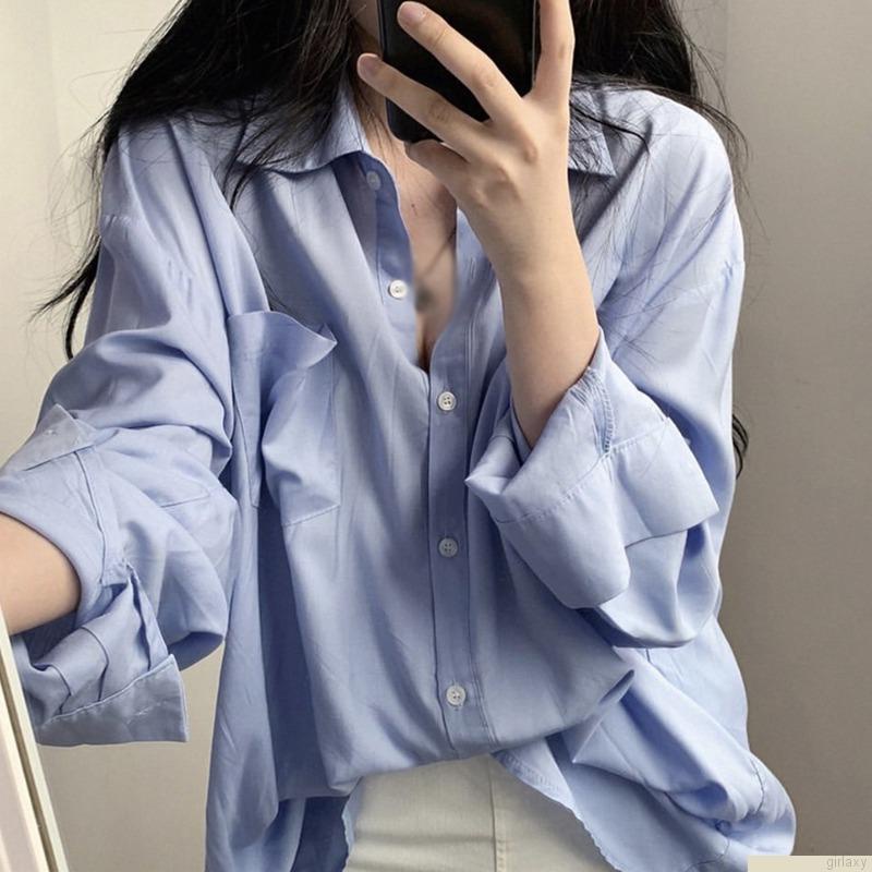 Áo sơ mi tay dài dáng rộng màu sắc vintage thời trang công sở cho nữ