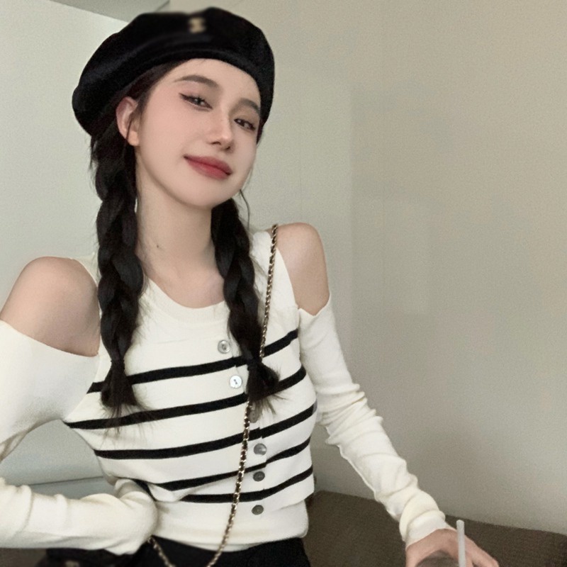 Áo Len Dài Tay Trễ Vai Họa Tiết Sọc Ngang Thời Trang Dành Cho Nữ