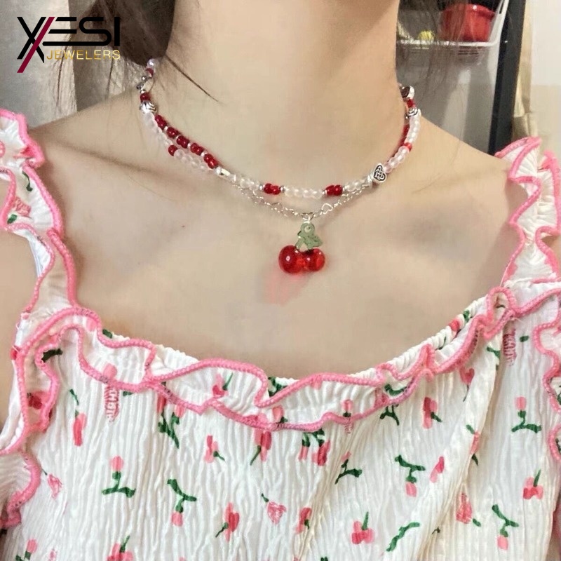 Vòng cổ Chuỗi Hạt Mặt Hình Trái Cherry Đỏ Thời Trang Cho Nữ