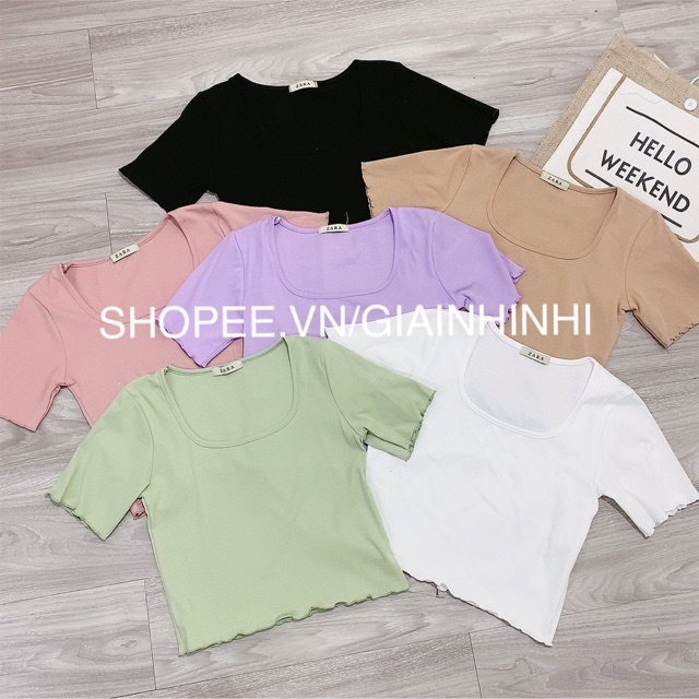 Áo kiểu ôm cổ vuông dáng croptop ngắn tay, Áo thun kiểu dáng ngắn cổ U vải cotton co giãn AK9095 - NhiNhiShop | BigBuy360 - bigbuy360.vn
