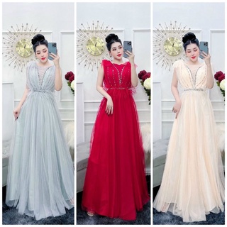 Đầm váy dạ hội dự tiệc, sự kiện, dáng xòe phối lưới và lông vũ kết hạt. HÌNH THẬT