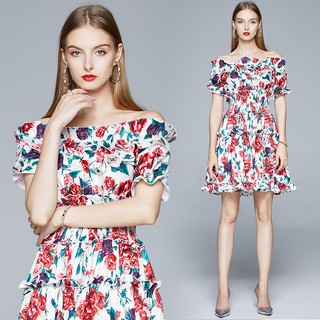 Đầm hoa trễ vai ngắn tay vintage cho nữ
