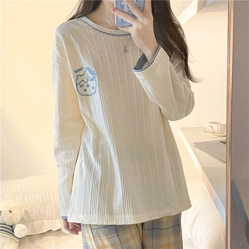 Bộ Đồ Ngủ Tay Dài Kẻ Sọc Caro In Hình Gấu Dễ Thương Phong Cách Hàn Quốc Cho Nữ