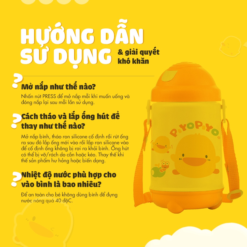 Bình giữ nhiệt cho bé đi học có dây đeo Piyo Piyo 420ml, bấm nút mở dễ, ống hút ngăn tràn