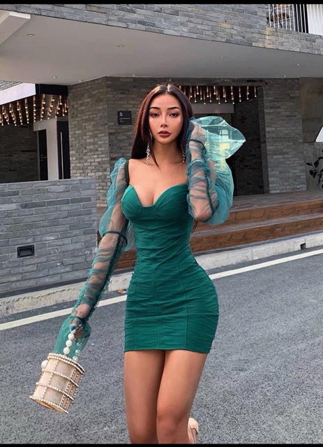 Váy body dài tay tay bồng lưới , cup ngực đỏ xanh đen