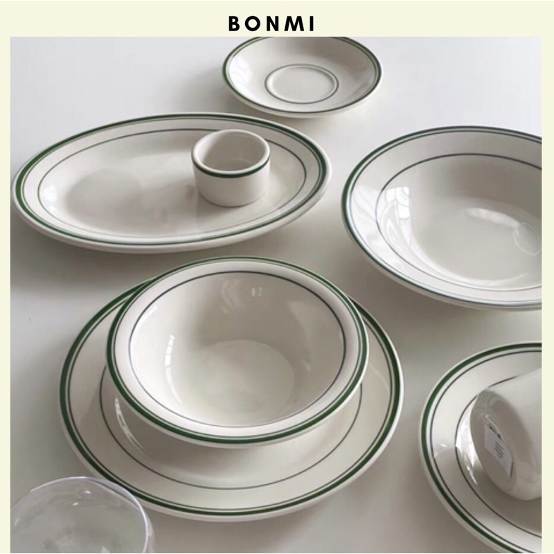 Tô đĩa sứ tròn viền xanh bơ, chất liệu cao cấp chịu nhiệt tốt, BONMI decor Hàn Quốc
