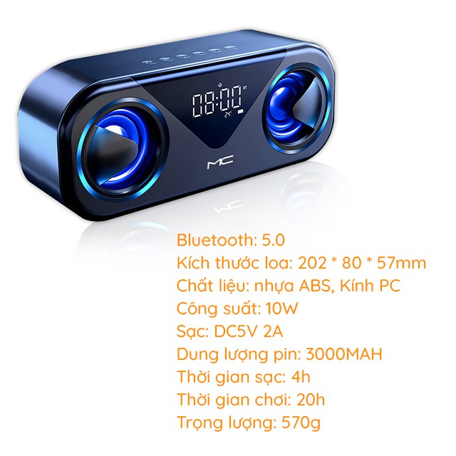 Loa Nghe Nhạc Di Động Không Dây Công Suất Lớn MC H9 Có Đèn Led Xanh Nổi Bật - Loa Bluetooth Siêu Trầm - Đài FM - Đồng Hồ
