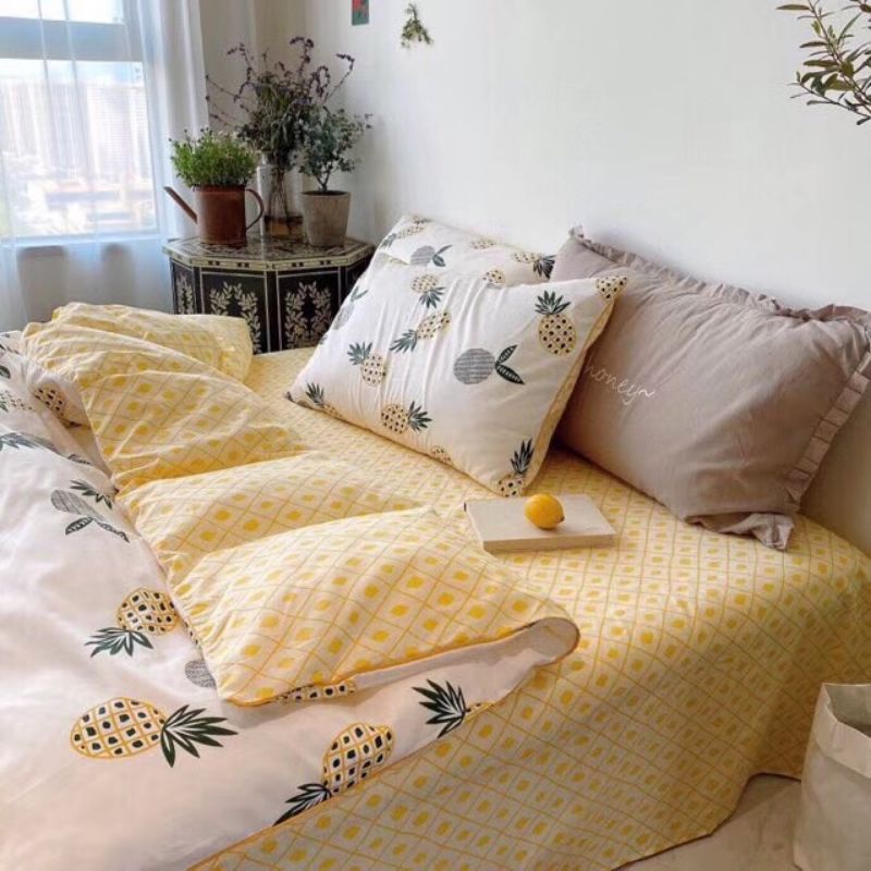 Bộ chăn ga gối phong cách Hàn quốc Cotton Poly Dứa Vàng, Dứa Hồng