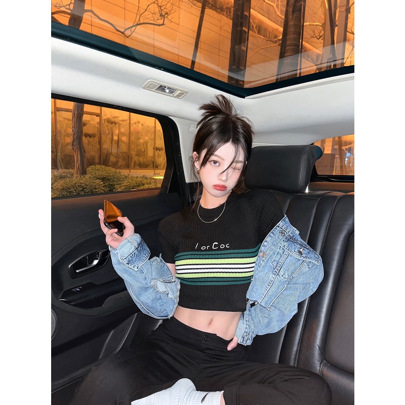 Cocory vn Áo Croptop Tay Ngắn Họa Tiết Sọc Ngang Phong Cách retro