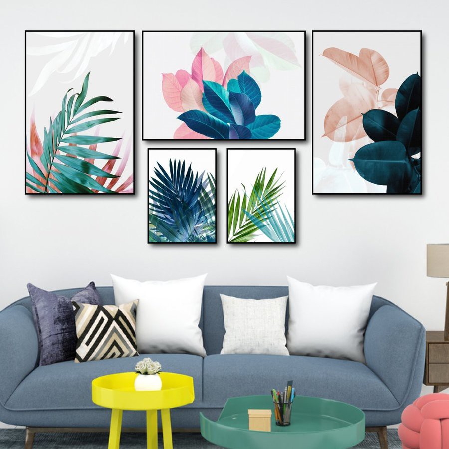 Tranh treo tường canvas lá nghệ thuật 4 decor trang trí phòng khách &amp; phòng ngủ có khung cao cấp bộ 5 bức tặng đinh treo