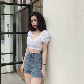 [Freeship HN] Áo croptop tay phồng xoắn ngực sang chảnh - hàng QCCC