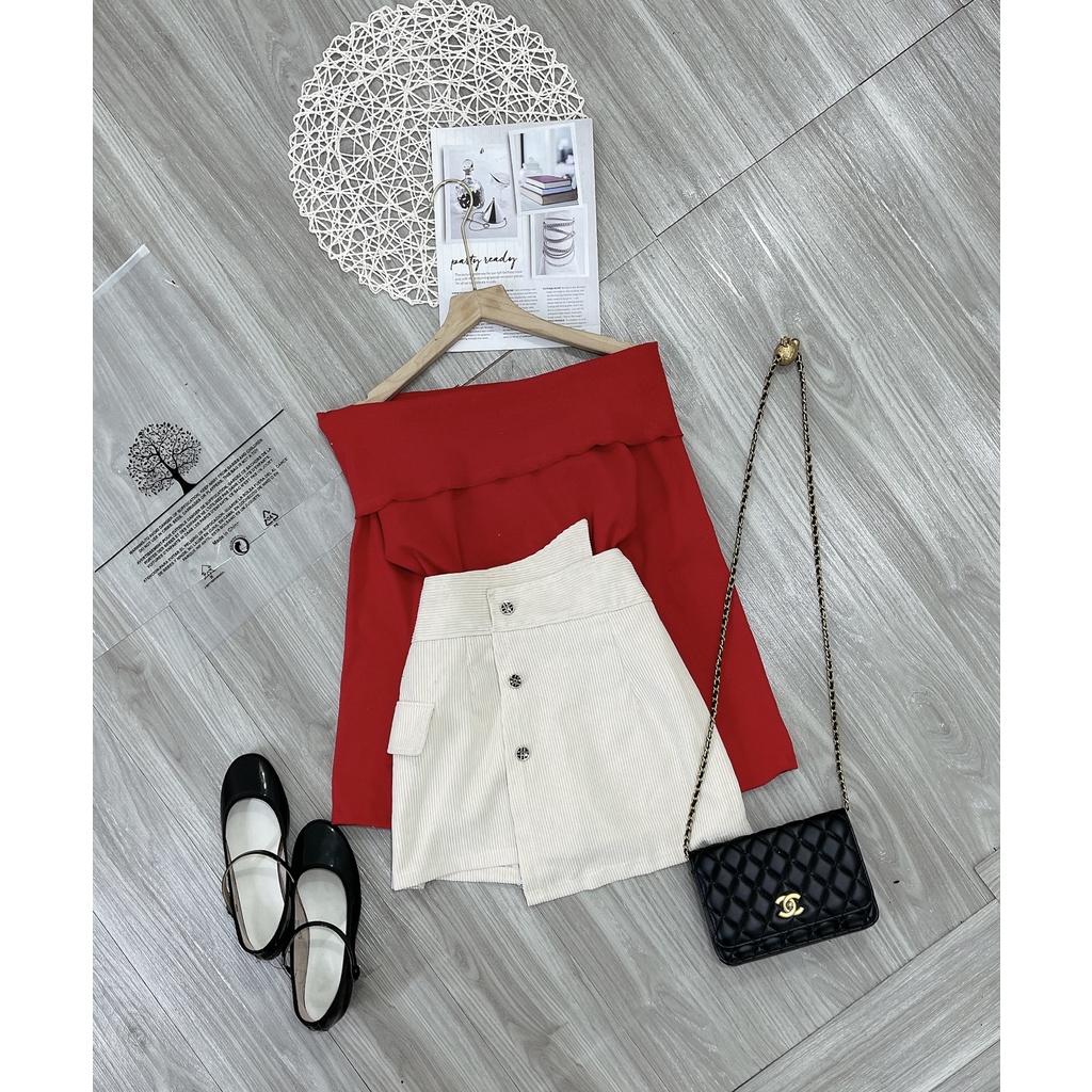 Set áo trễ vai vai len tăm mix chân váy vạt lệch chữ a đồ bộ nữ đi chơi | BigBuy360 - bigbuy360.vn
