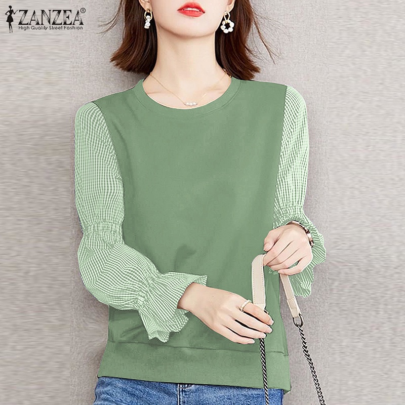 Áo kiểu ZANZEA tay dài hoạ tiết caro thời trang nữ tính thanh lịch cho nữ