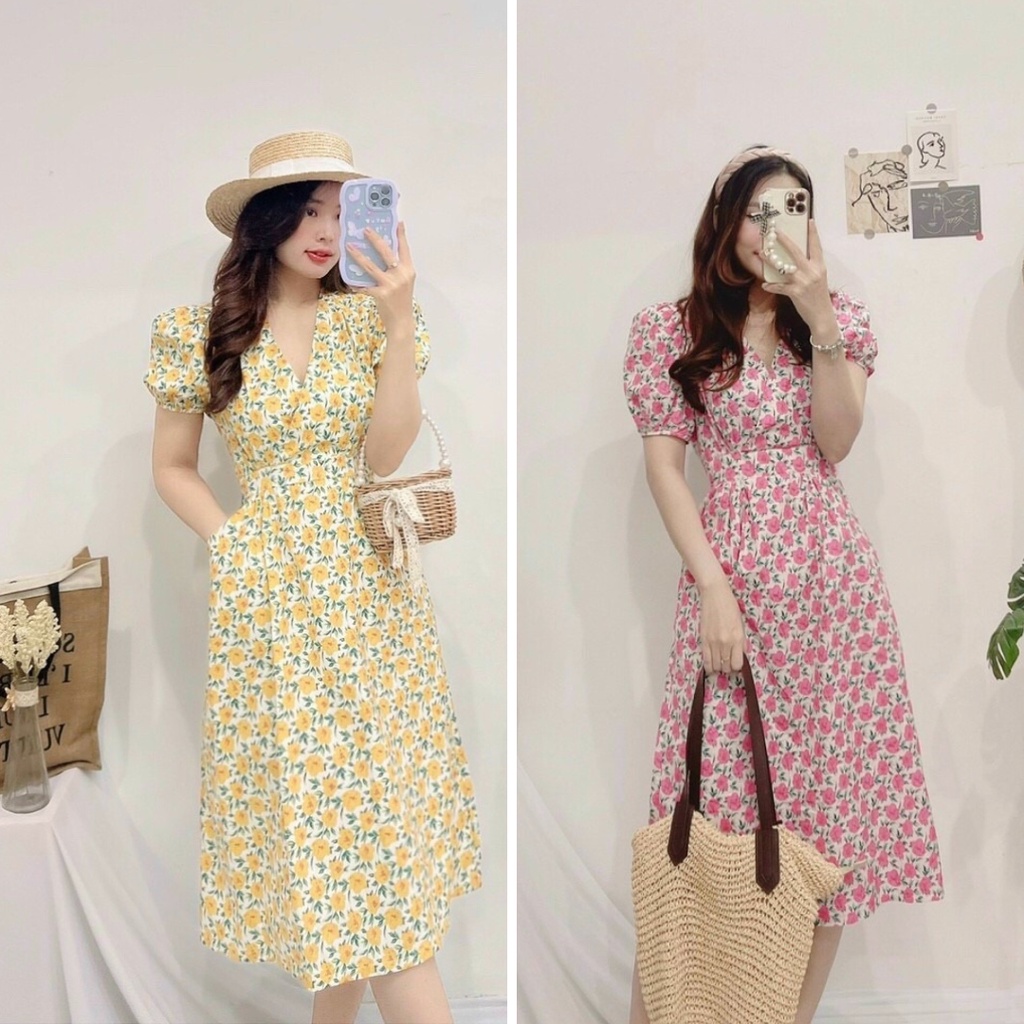 Đầm hoa nhí cổ tim, Váy hoa nhí dài cổ V Cao Cấp màu vàng hồng, tay ngắn dáng xòe dự tiệc công sở - MiNhi
