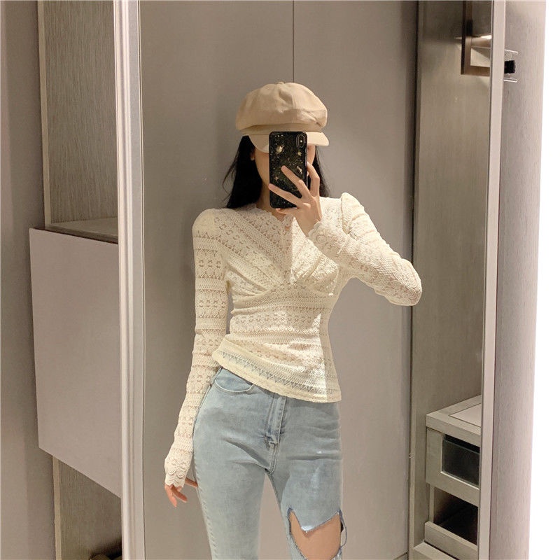 Áo Kiểu Cổ Chữ V Phối Ren Lưới Phong Cách Hàn Quốc Thời Trang Mới Cho Nữ