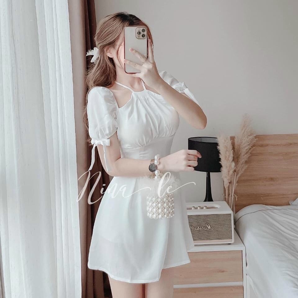 Đầm tiểu thư tay phồng, váy nữ đi tiệc dáng xòe bồng, đầm cổ yếm tay phồng, đầm nữ đi tiệc