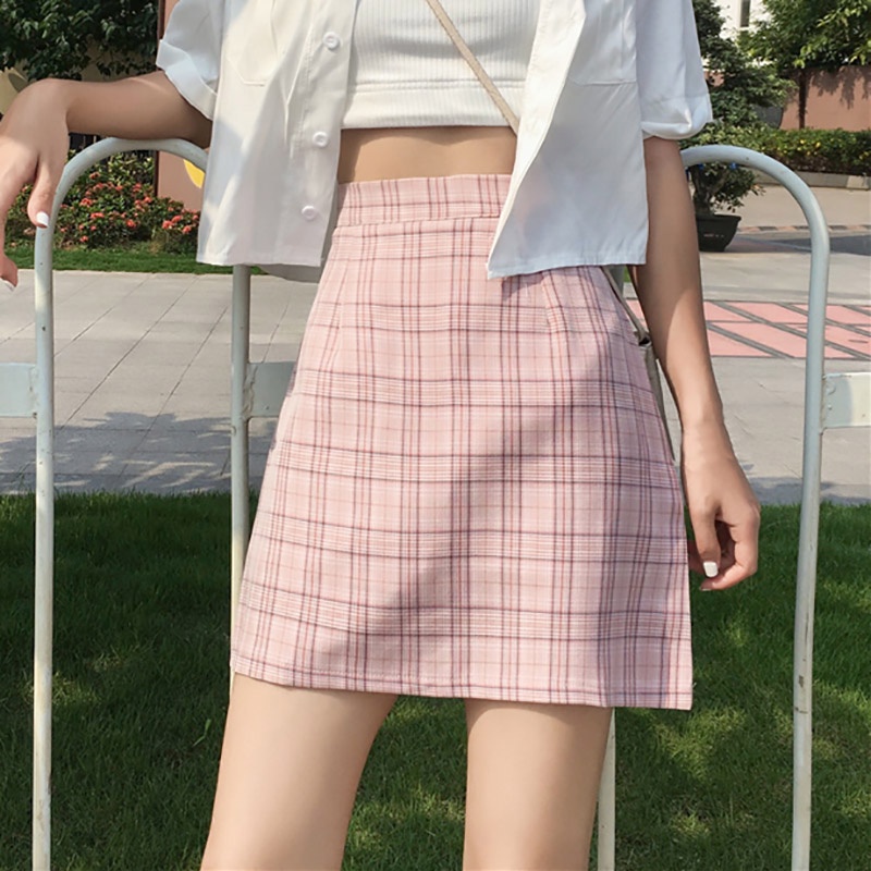 Chân Váy Lưng Cao Họa Tiết Caro Phong Cách Vintage Cho Nữ