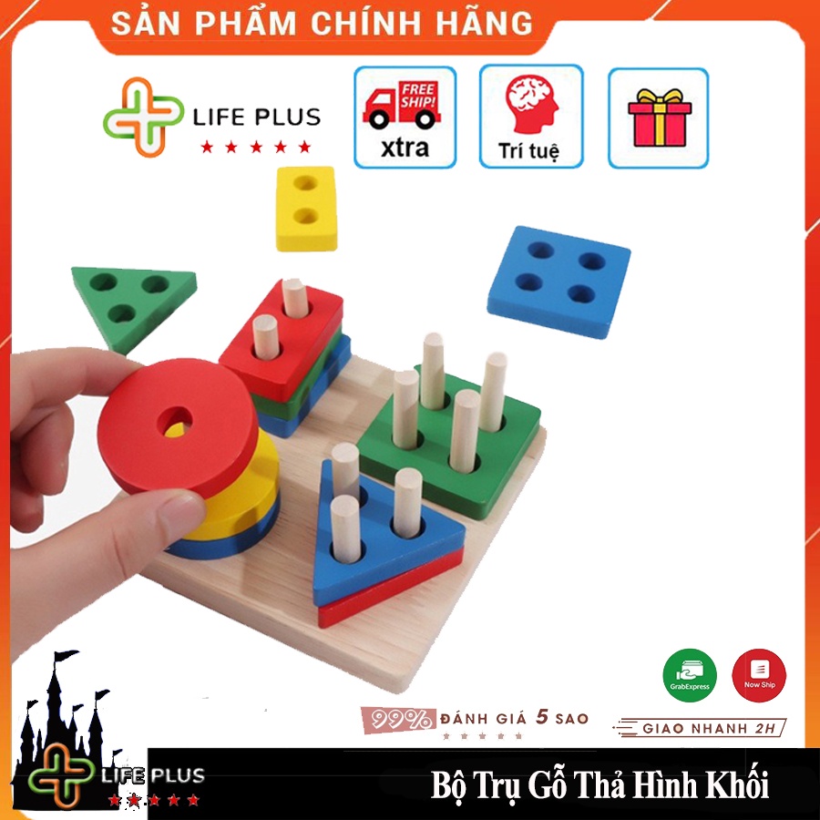 Bộ Đồ Chơi Trí Tuệ Thả Hình Khối 4 Cọc Trụ Bằng Gỗ Giúp Bé Thông Minh Học Hình Khối, Màu Sắc