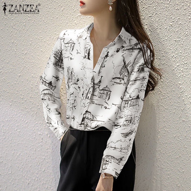 Áo kiểu ZANZEA cổ lật tay dài ôm dáng họa tiết in phong cách cổ điển phối nút đơn giản thời trang dành cho nữ