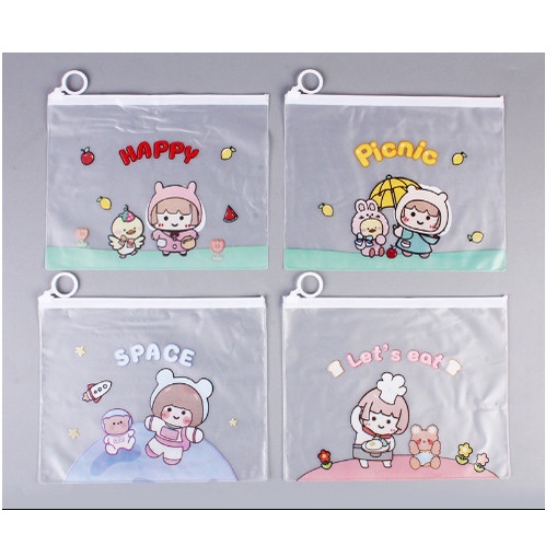 Túi Đựng Bút Trong Suốt In Hình Cute Khóa Kéo