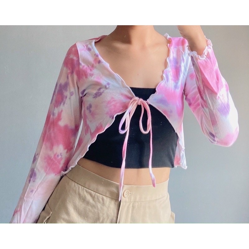 Áo khoác cardigan croptop buộc nơ chất thun gân tay dài