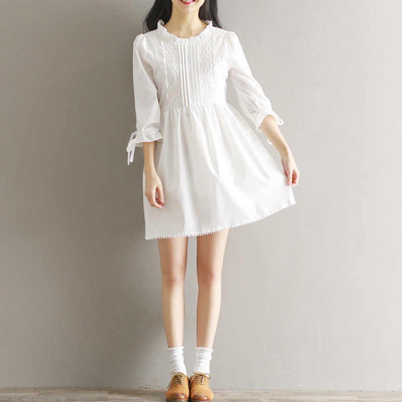 [Baywellfashion]Women Sweet Japanese Lace Dress Solid Color Strap Long Sleeve Tie Straps Casual Skirt White | BigBuy360 - bigbuy360.vn