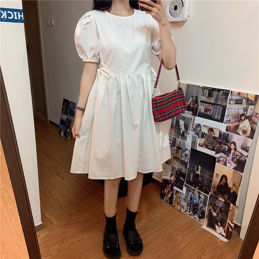 Đầm Chữ A Tay Ngắn Cổ Tròn Màu Trơn Phong Cách Preppy Dễ Thương Thời Trang Mới Cho Nữ