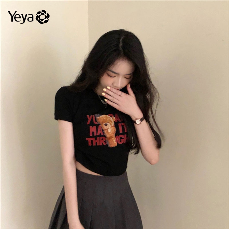 Áo thun YEYA cho nữ ngắn tay in hình gấu thời trang Hàn Quốc