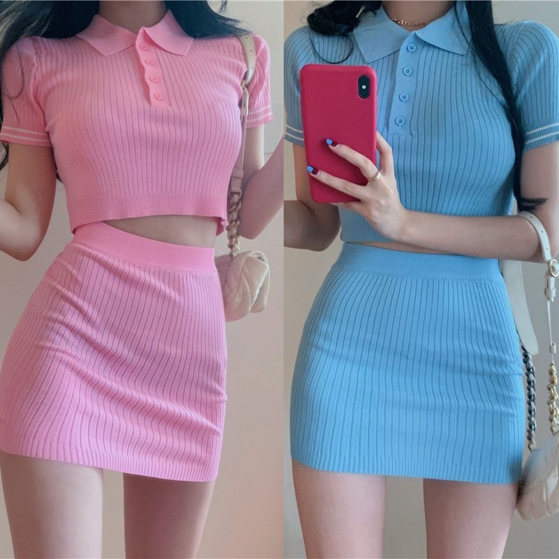 Set Áo Thun Ngắn Tay + Chân Váy Ôm Dáng Màu Trơn Thời Trang Cho Nữ