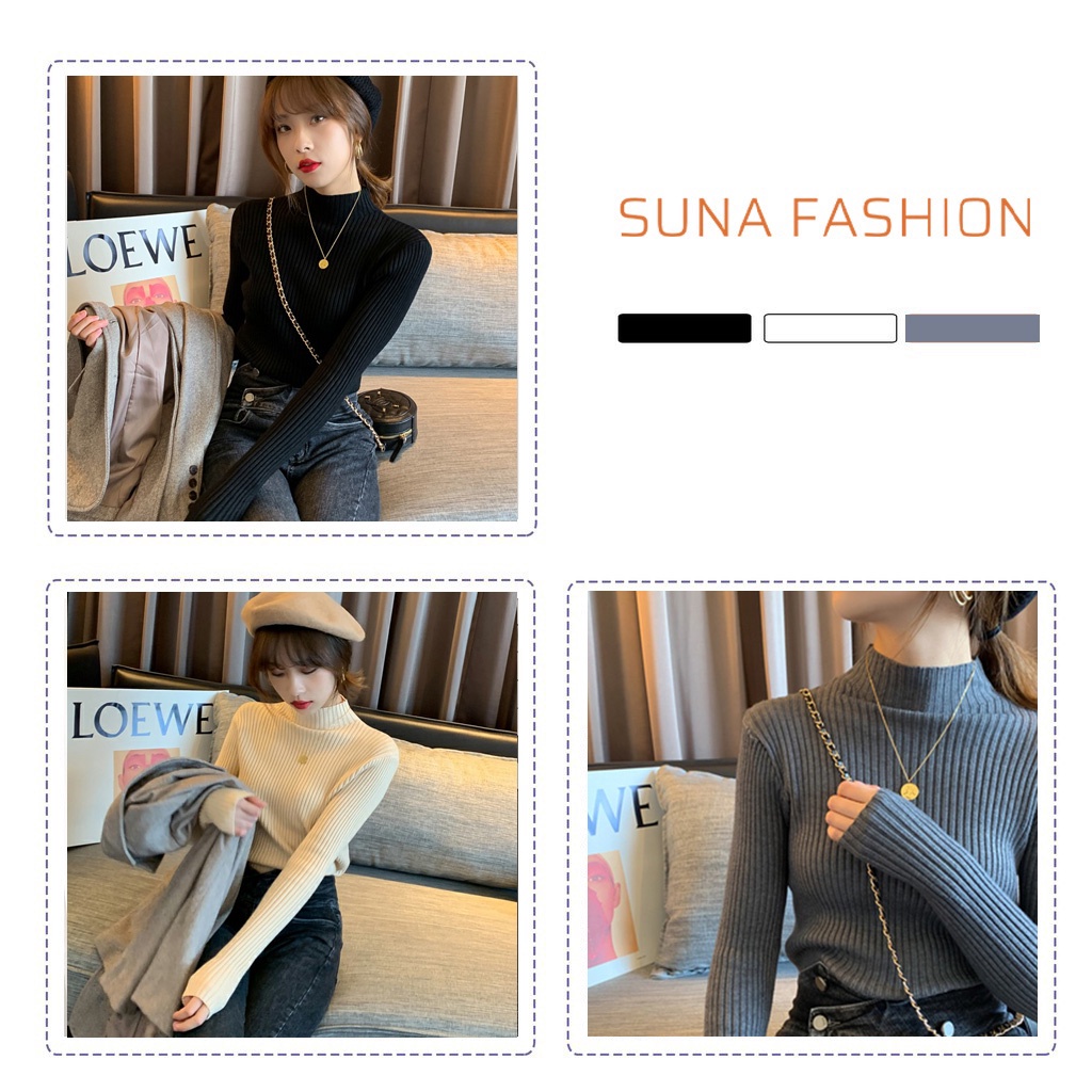 Áo thun nữ tay dài cổ cao len tăm, Áo phông nữ thu đông dài tay cổ lọ 40-58kg SUNA FASHION