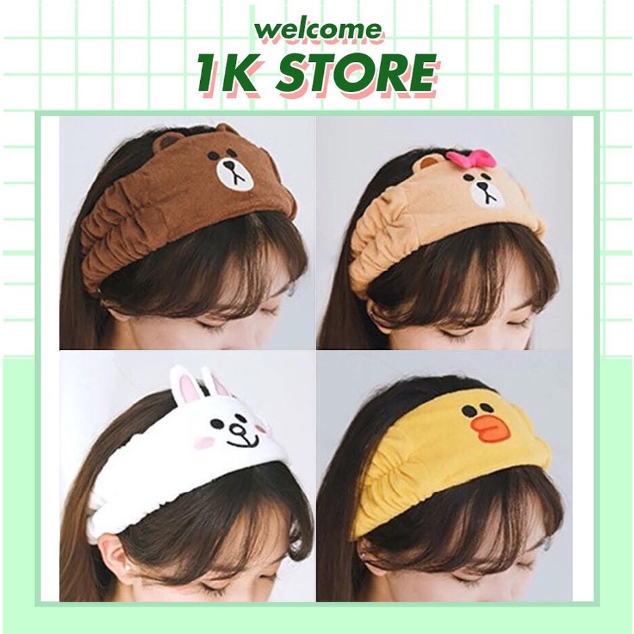 Băng Đô Turban Line Phẳng Gấu Brown, Thỏ Cony, Vịt Vàng Bờm rửa mặt dễ thương