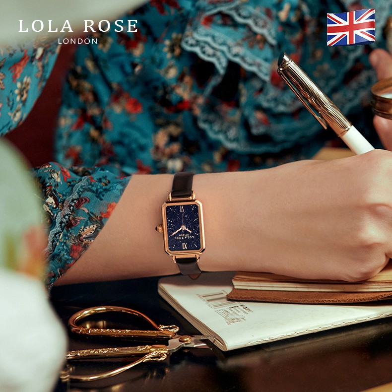 Đồng hồ nữ dây da Lolarose mặt vuông đá bluestone galaxy cao cấp dây đeo mềm mại FUL