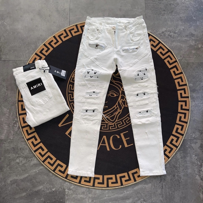 Quần jean bò nam Amiri skinny thêu khoá zip đùi phối rách lót da nhăn dọc đùi phong cách boy phố
