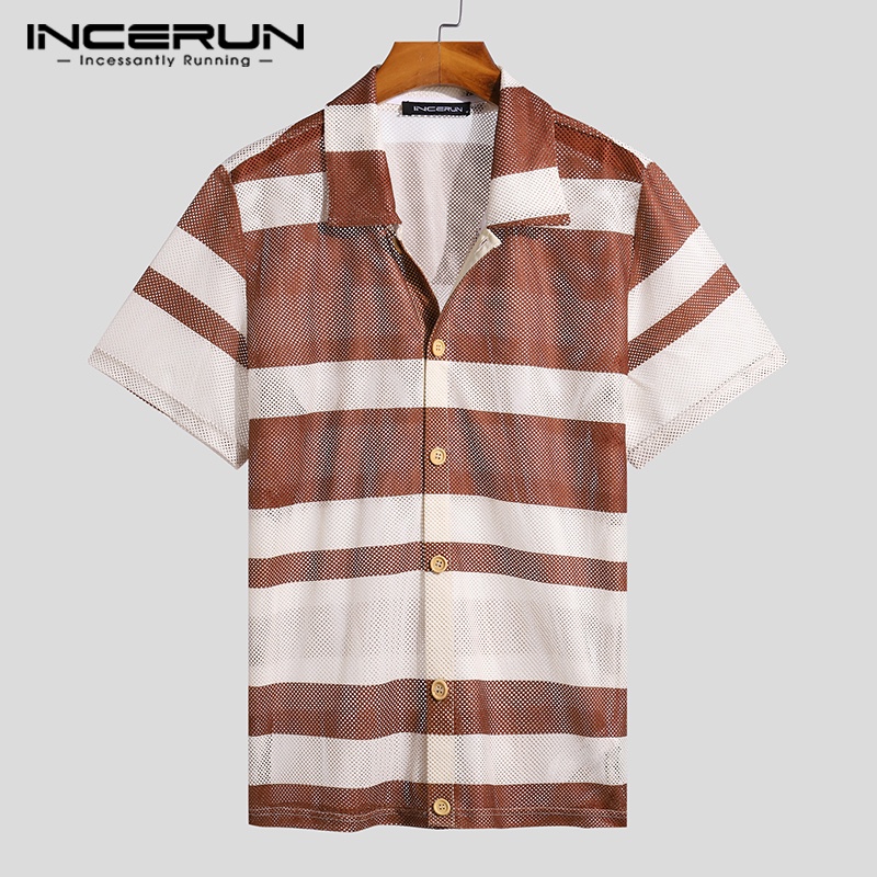 INCERUN Áo Sơ Mi Tay Ngắn Họa Tiết Kẻ Sọc Nhiều Màu Sắc Thiết Kế Thoải Mái Thời Trang Cho Nam
