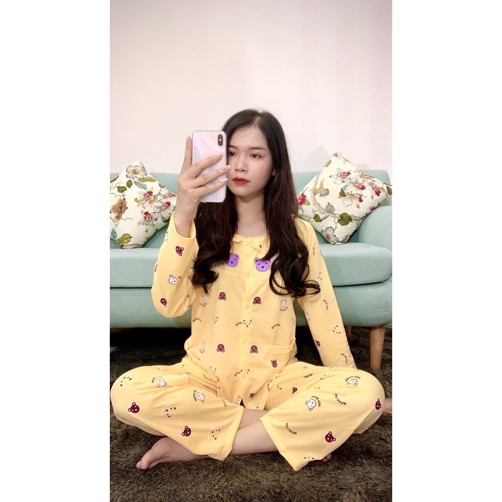 Bộ đồ bầu dài tay chất cotton thoáng mát  họa tiết gấu thiết kế cổ bèo siêu xinh BD914