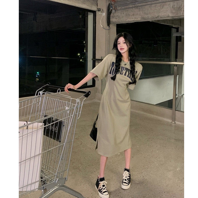 Jiashucheng Đầm Sweatshirt Dáng Chữ A Chiết Eo Mỏng In Chữ Phong Cách Hồng Kông Phương Tây Hợp Mùa Hè