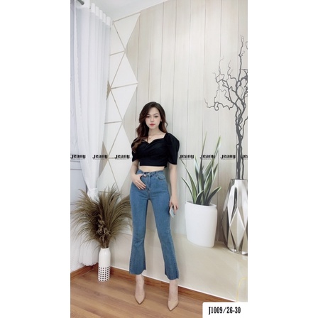 Quần Jean Nữ Ống Bass - Quần Bò Loe Lưng Cao Màu Xanh Nhạt J1009 - Jeany