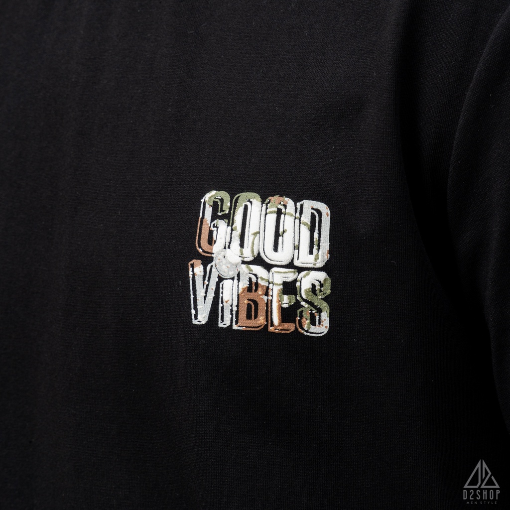 Áo thun D2shop, áo thun cổ tròn in lưng chữ nổi GOOD VIBES, in chữ nổi, màu đen