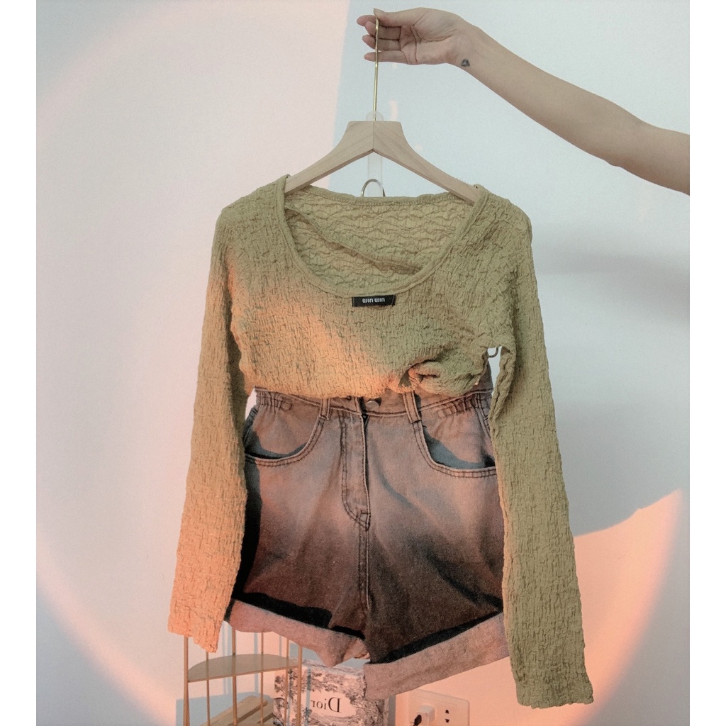 Áo croptop nữ cổ tròn dài tay Bingshop vải xốp nhún co giãn siêu xinh