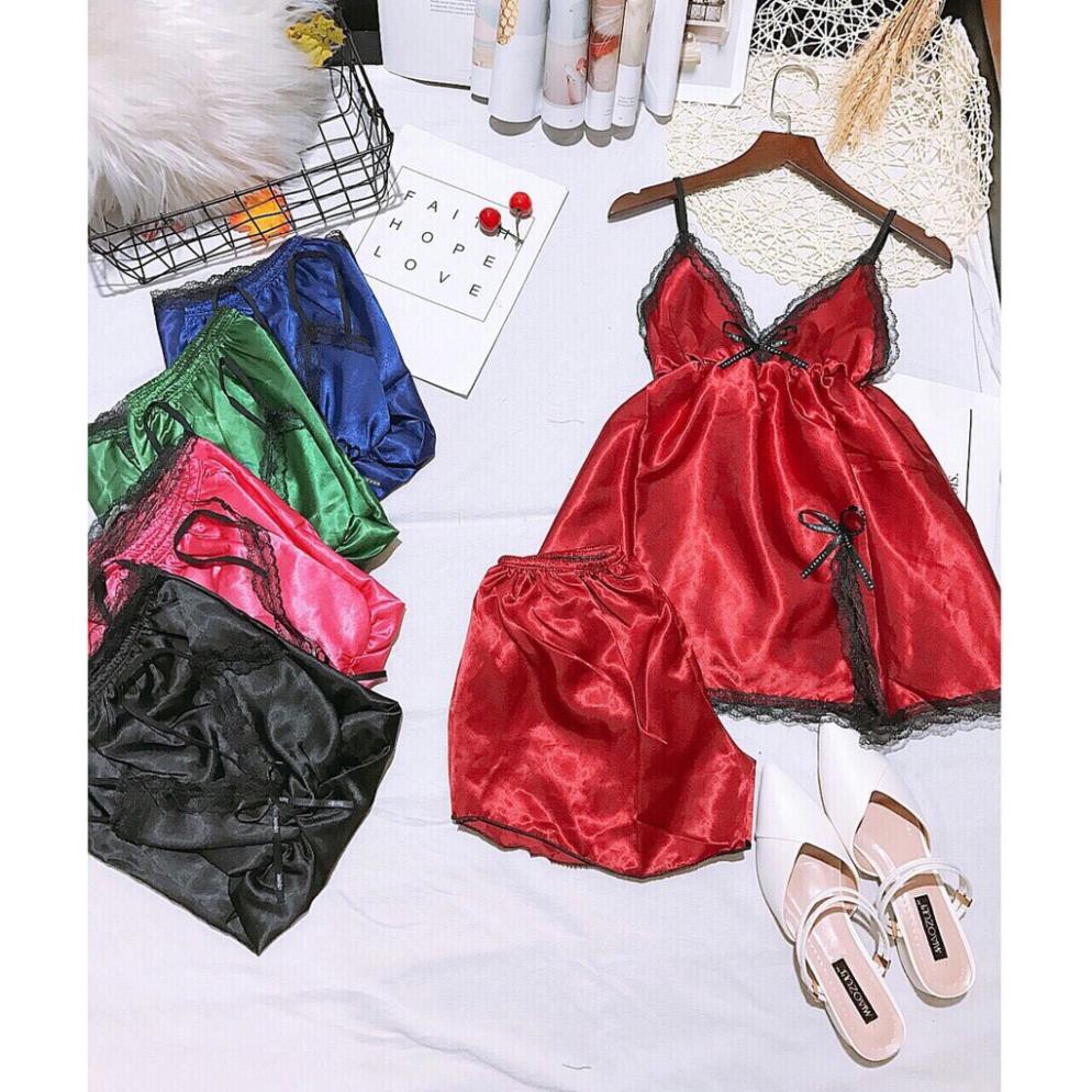 ĐỒ NGỦ SEXY chất liệu Phi Bóng 2 dây phối ren quần đùi mát mẻ -Free Size dưới 53kg Đẹp 💝
