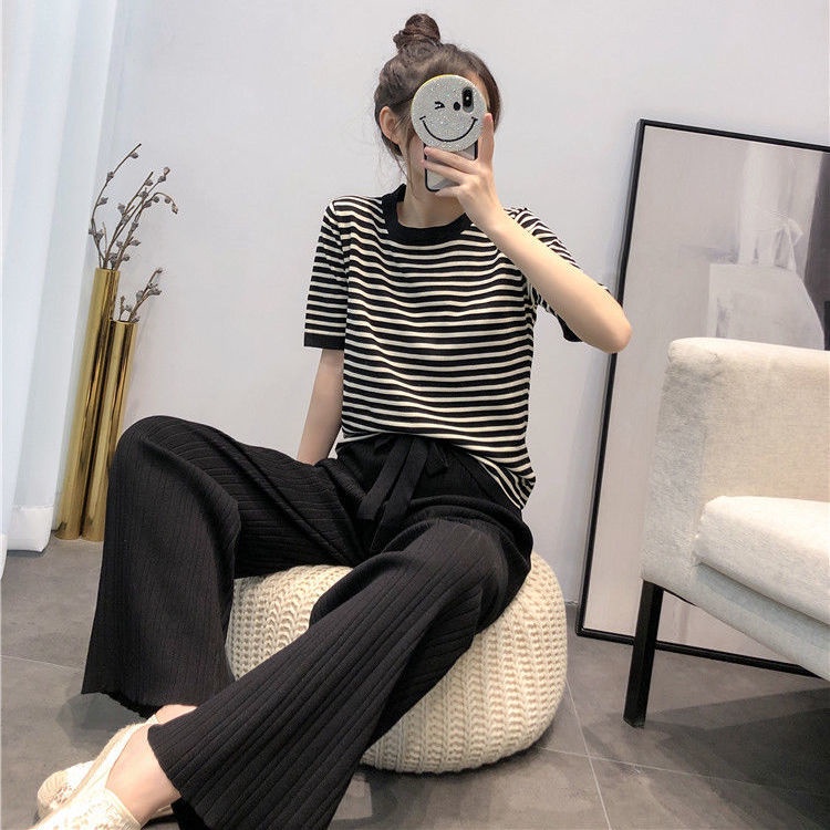 Set Áo Thun Tay Ngắn Và Quần Dài Ống Rộng Phong Cách Phương Tây Thời Trang Mùa Hè 2022 Cho Nữ