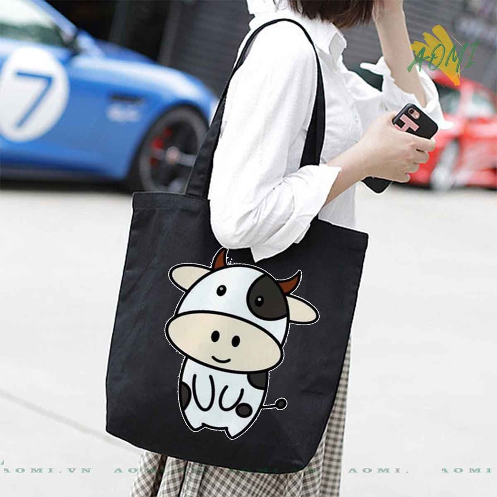 TOTE CANVAS bò sữa milk TÚI VẢI ĐEO VAI BAG CÓ KHÓA KÉO SIZE LỚN 33x38cm AOMIVN DU LỊCH DẠO PHỐ