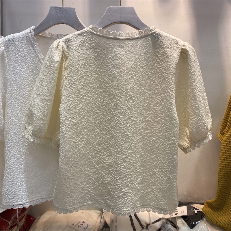 Áo Sơ Mi Ngắn Tay Cổ Chữ V Phối Ren Thiết Kế Mới Thời Trang Mùa Hè Dành Cho Nữ