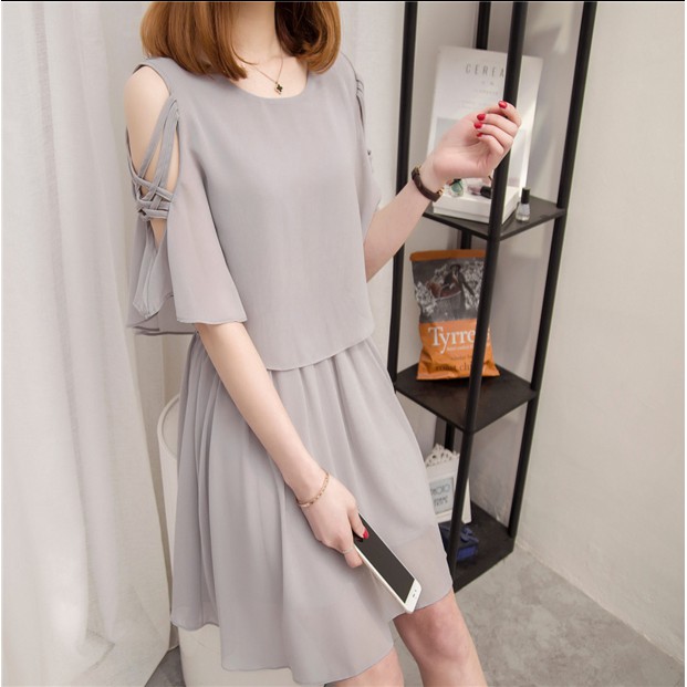 Đầm voan nữ dáng xòe 2 lớp tay đan dây da20