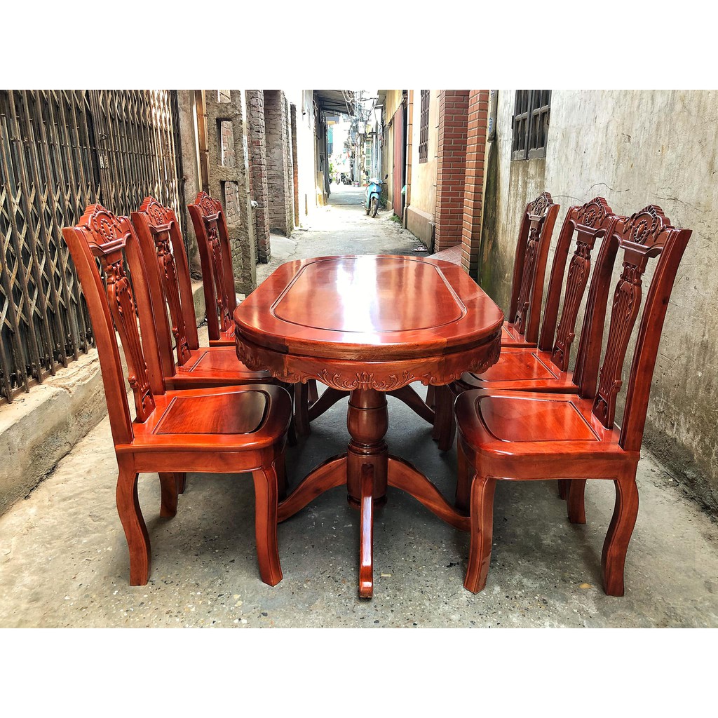 Bộ bàn ghế ăn bàn oval gỗ xoan đào