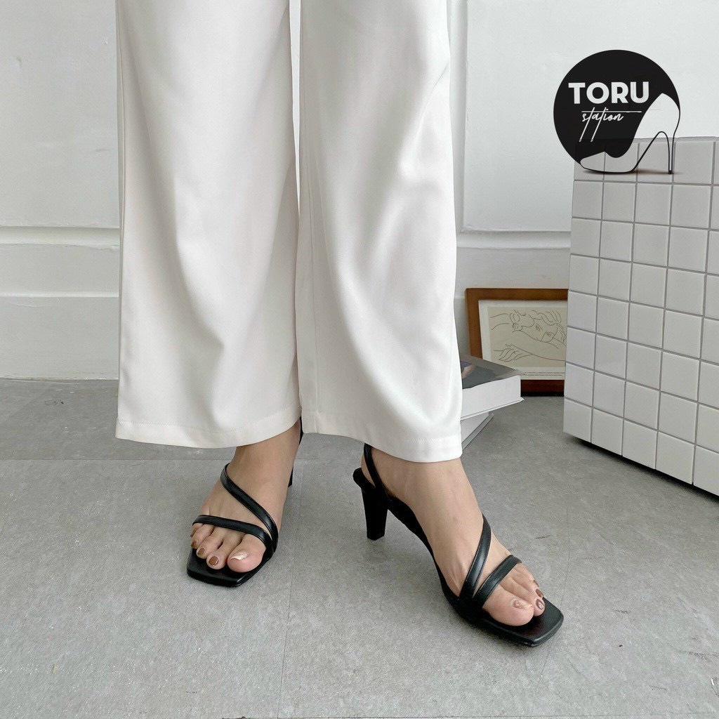 Sandal quai mảnh vát chéo gót mỏng thấp - 7P