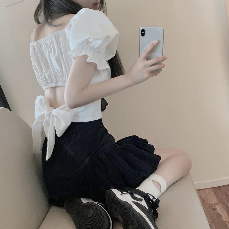 Áo Voan Croptop Ngắn Tay Cổ Vuông Chéo Eo Thắt Nơ Màu Trơn - Mã: 09 TV-Fashion