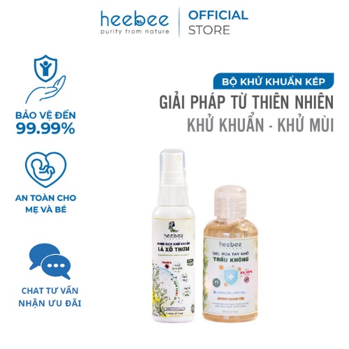 Combo Xịt khử khuẩn Heebee Lá xô 60ml + Gel rửa tay khô Heebee Trầu không 65ml