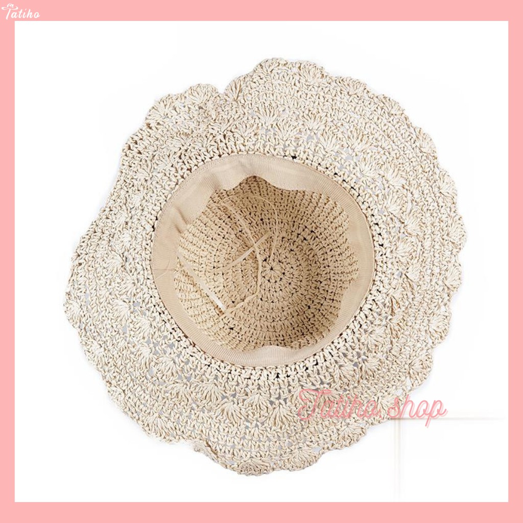 [Hàng Xịn,Giá Tốt] Mũ Cói, Nón Cói Vành Rộng Phối Dây Ren Nơ Đi Biển Rento Phong Cách Nhật Bản - Mã NC009