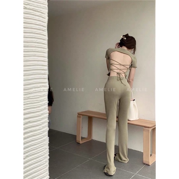 Set áo croptop đan dây lưng + quần dài